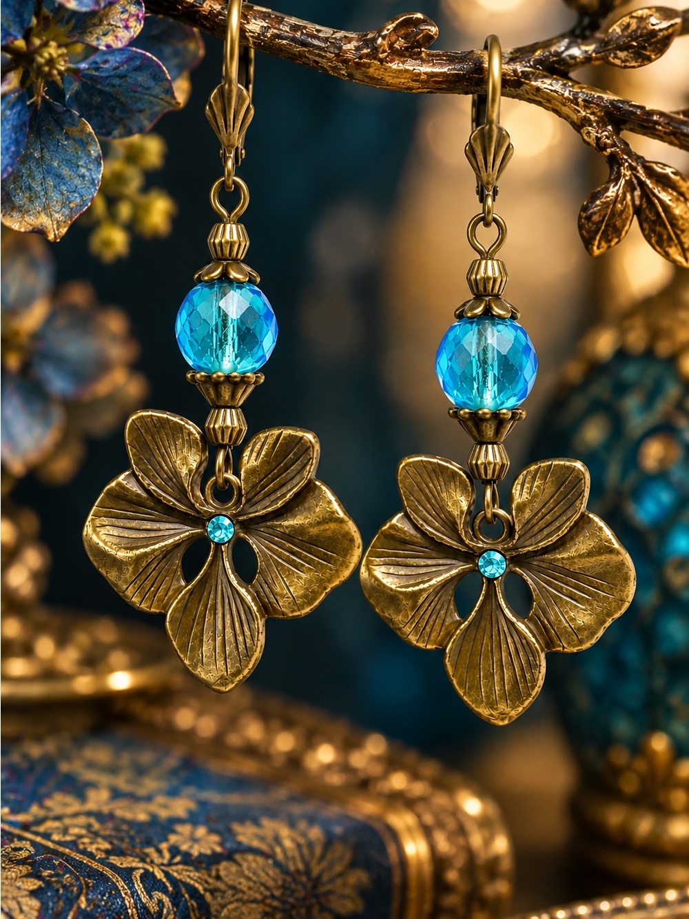 Handmade Blue Czech Glass Faceted Bead, Antique Brass Pansy Earrings - Picture 9 of 11